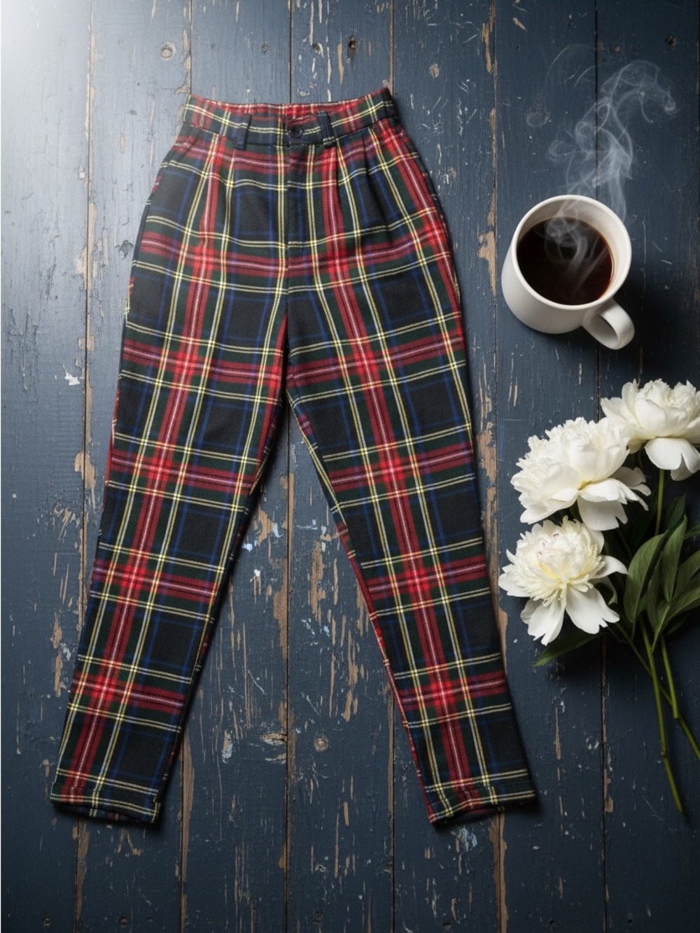 Vintage 90s "Salty" Red and Navy Plaid High-Waist Tapered Pants